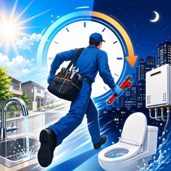 最短15分・24時間対応で現場へ急行する水道業者のイメージ