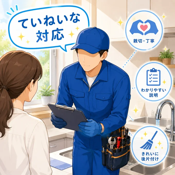 ていねいな対応で作業内容を説明する水道スタッフ