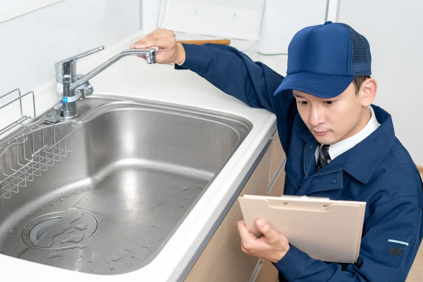 キッチンの蛇口・水まわりを点検するさくら水道の作業スタッフ